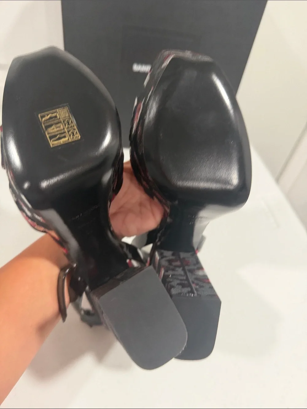 NWT Authenticated Saint Laurent Black and Red Patterned Platform Heels